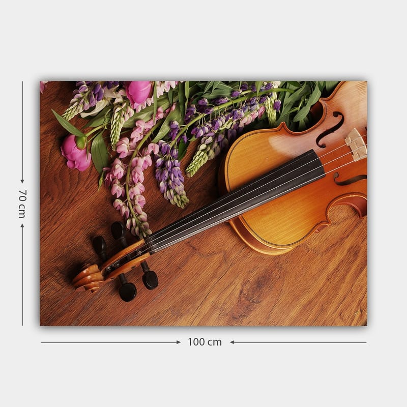 Canvastavla 70x100 cm - Fiol omgiven av färgglada blommor - Lila / Rosa / Brun - Inredning - Tavlor & konst - Canvastavlor