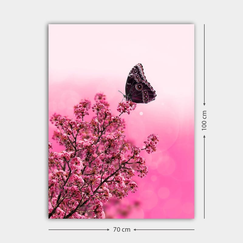 Canvastavla 70x100 cm - Fjäril som sitter på en blommande gren med rosa blommor - Mörk rosa / Ljus rosa / Svart - Inredning - Tavlor & konst - Canvastavlor