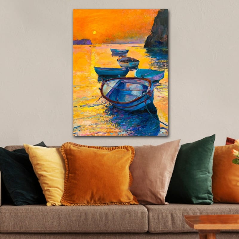 Canvastavla 70x100 cm - Flera båtar som flyter på en glittrande yta i solnedgångens varma färger - Orange / Blå / Guld - Inredning - Tavlor & konst - Canvastavlor