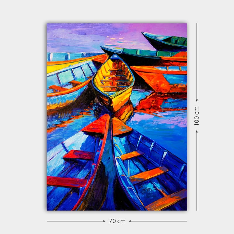 Canvastavla 70x100 cm - Flera färgglada båtar som ligger i en samling vid vattenytan - Blå / Orange / Gul - Inredning - Tavlor & konst - Canvastavlor