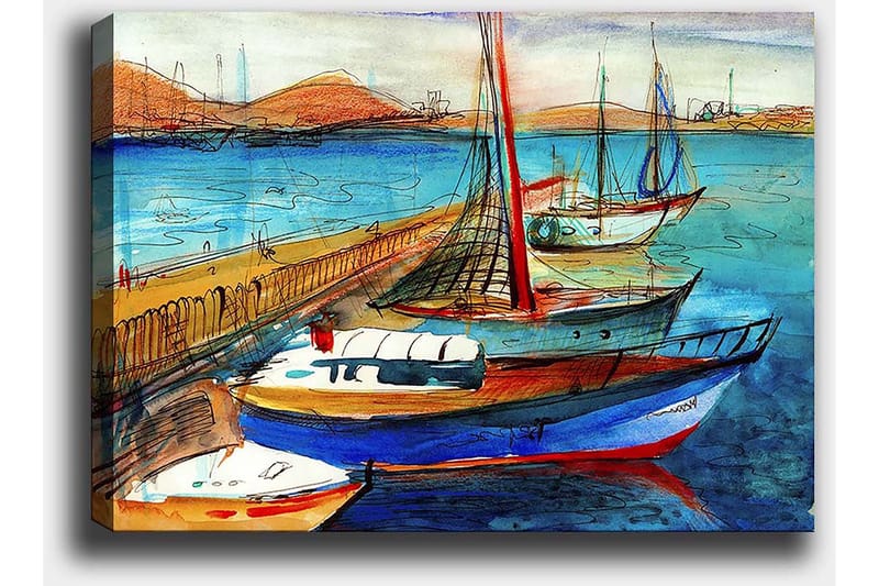 Canvastavla 70x100 cm - Flera färgglada båtar vid en hamn med en vacker havsutsikt - Blå / Röd / Beige - Inredning - Tavlor & konst - Canvastavlor