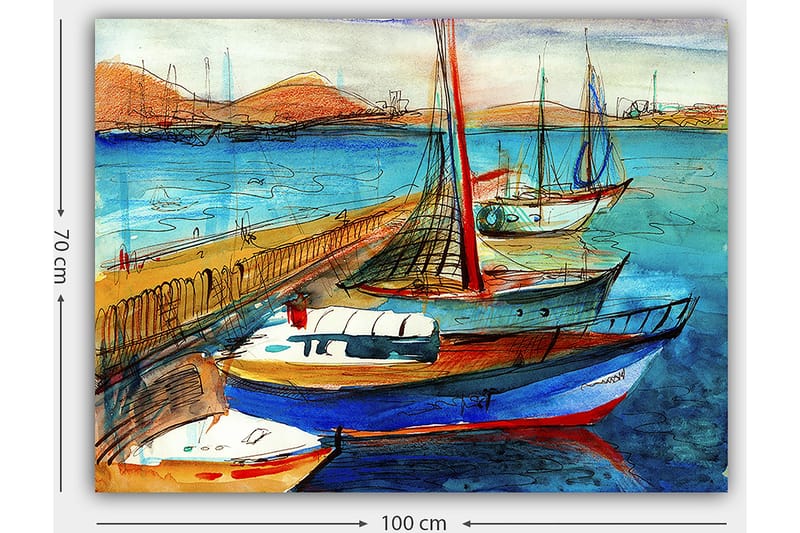 Canvastavla 70x100 cm - Flera färgglada båtar vid en hamn med en vacker havsutsikt - Blå / Röd / Beige - Inredning - Tavlor & konst - Canvastavlor