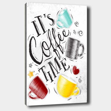 Canvastavla 70x100 cm - Flera färgglada kaffekoppar med texten It's Coffee Time - Turkos / Röd / Gul - Inredning - Tavlor & konst - Canvastavlor
