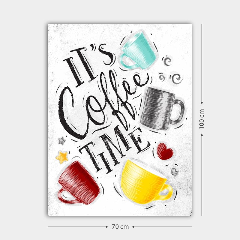 Canvastavla 70x100 cm - Flera färgglada kaffekoppar med texten It's Coffee Time - Turkos / Röd / Gul - Inredning - Tavlor & konst - Canvastavlor