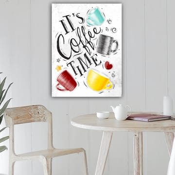 Canvastavla 70x100 cm - Flera färgglada kaffekoppar med texten It's Coffee Time - Turkos / Röd / Gul - Inredning - Tavlor & konst - Canvastavlor