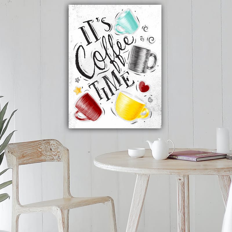 Canvastavla 70x100 cm - Flera färgglada kaffekoppar med texten It's Coffee Time - Turkos / Röd / Gul - Inredning - Tavlor & konst - Canvastavlor