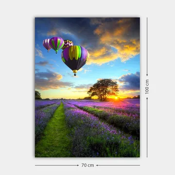 Canvastavla 70x100 cm - Flera färgglada luftballonger sväva över ett lavendelfält i solnedgångens ljus - Lila / Grön / Svart - Inredning - Tavlor & konst - Canvastavlor