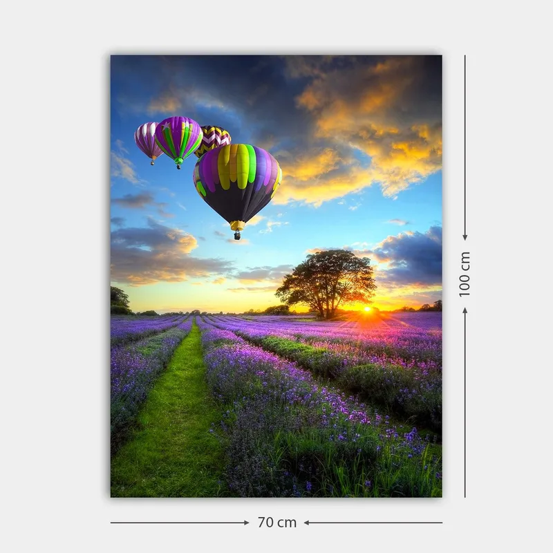 Canvastavla 70x100 cm - Flera färgglada luftballonger sväva över ett lavendelfält i solnedgångens ljus - Lila / Grön / Svart - Inredning - Tavlor & konst - Canvastavlor