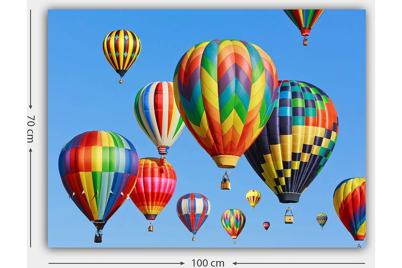 Canvastavla 70x100 cm - Flera färgglada varmluftsballonger sväva i en klar blå himmel - Röd / Grön / Gul - Inredning - Tavlor & konst - Canvastavlor