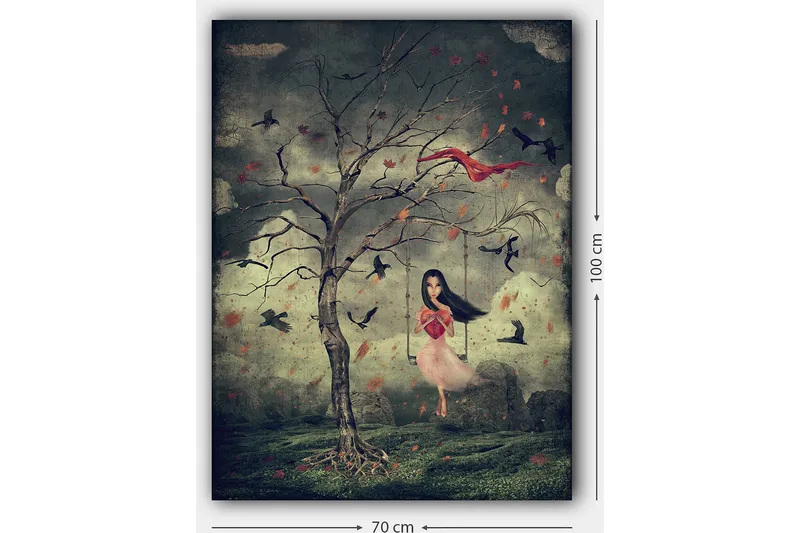 Canvastavla 70x100 cm - Flicka i en rosa klänning svänger från ett träd i en drömlik miljö med fåglar som svävar omkring henne - Mörkgrön / Röd / Rosa - Inredning - Tavlor & konst - Canvastavlor