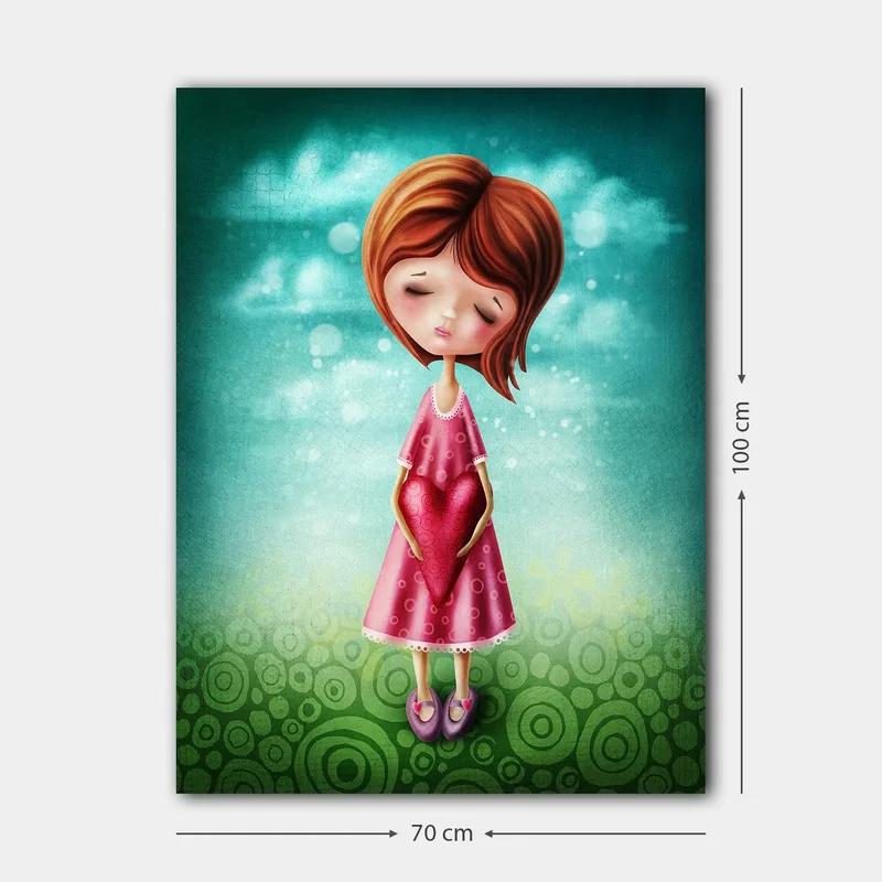 Canvastavla 70x100 cm - Flicka som håller ett stort rött hjärta framför sig, klädd i en rosa klänning - Rosa / Röd / Grön - Inredning - Tavlor & konst - Canvastavlor