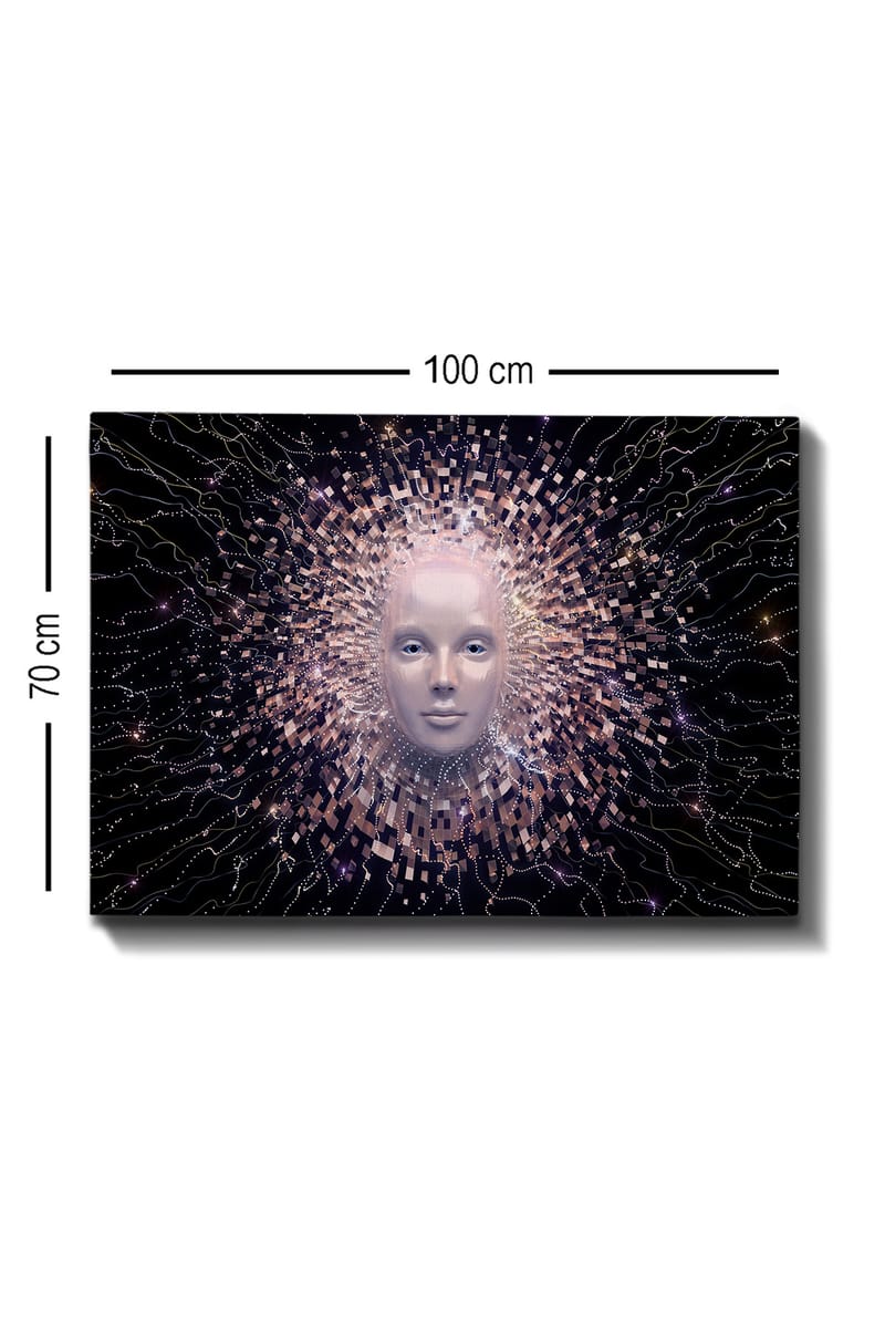 Canvastavla 70x100 cm - Futuristisk ansiktsmask omgiven av en strålande aura av geometriska former - Ljusrosa / Vit / Svart - Inredning - Tavlor & konst - Canvastavlor