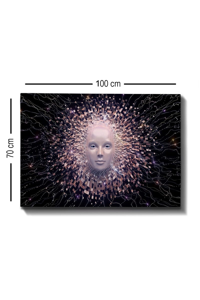 Canvastavla 70x100 cm - Futuristisk ansiktsmask omgiven av en strålande aura av geometriska former - Ljusrosa / Vit / Svart - Inredning - Tavlor & konst - Canvastavlor