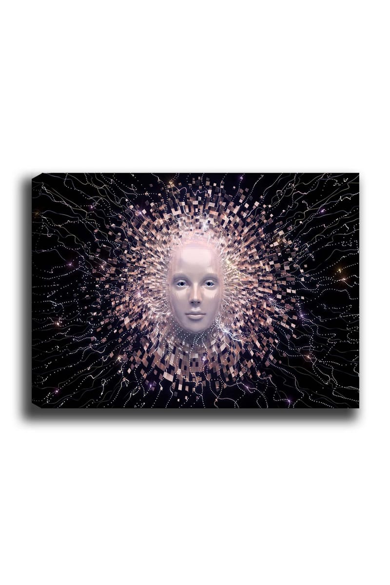 Canvastavla 70x100 cm - Futuristisk ansiktsmask omgiven av en strålande aura av geometriska former, Ljusrosa / Vit / Svart