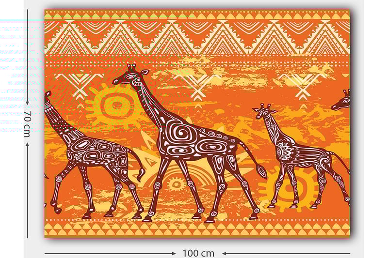 Canvastavla 70x100 cm - Fyra giraffer i en färgglad och stiliserad design - Orange / Brun / Vit - Inredning - Tavlor & konst - Canvastavlor