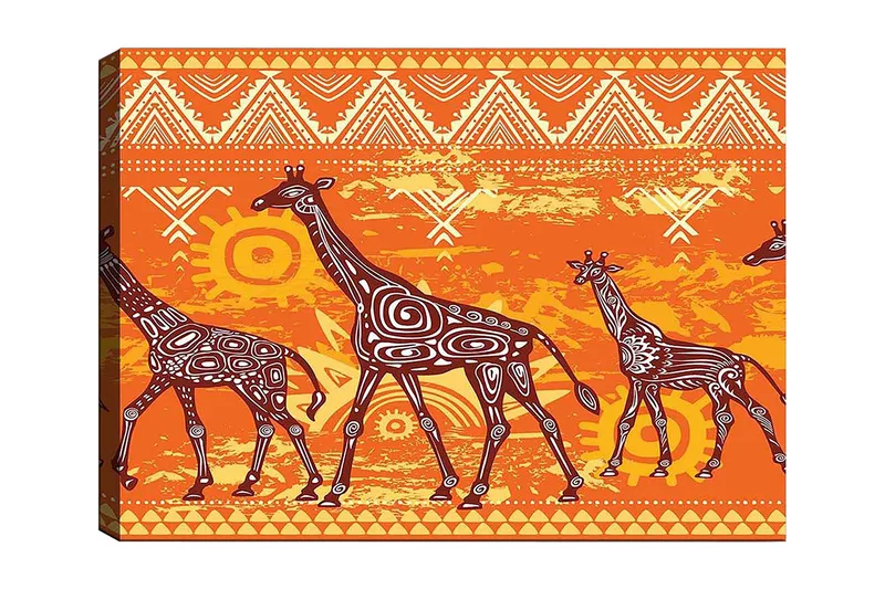 Canvastavla 70x100 cm - Fyra giraffer i en färgglad och stiliserad design - Orange / Brun / Vit - Inredning - Tavlor & konst - Canvastavlor