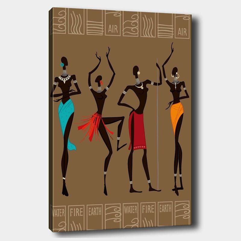 Canvastavla 70x100 cm - Fyra stiliserade kvinnor i traditionella kläder som representerar olika element - Mörkbrun / Turkos / Röd - Inredning - Tavlor & konst - Canvastavlor