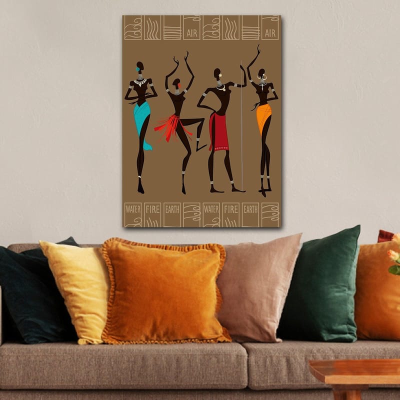 Canvastavla 70x100 cm - Fyra stiliserade kvinnor i traditionella kläder som representerar olika element - Mörkbrun / Turkos / Röd - Inredning - Tavlor & konst - Canvastavlor