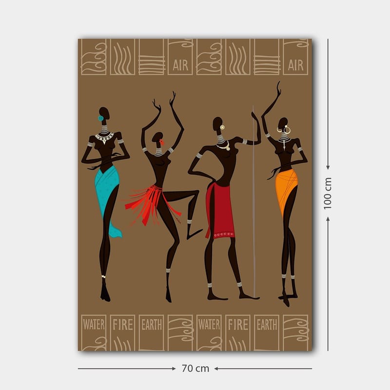 Canvastavla 70x100 cm - Fyra stiliserade kvinnor i traditionella kläder som representerar olika element - Mörkbrun / Turkos / Röd - Inredning - Tavlor & konst - Canvastavlor