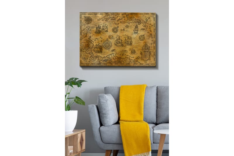 Canvastavla 70x100 cm - Gammal sjökortskarta med detaljerade illustrationer av fartyg och navigationssymboler, Guld / Brun