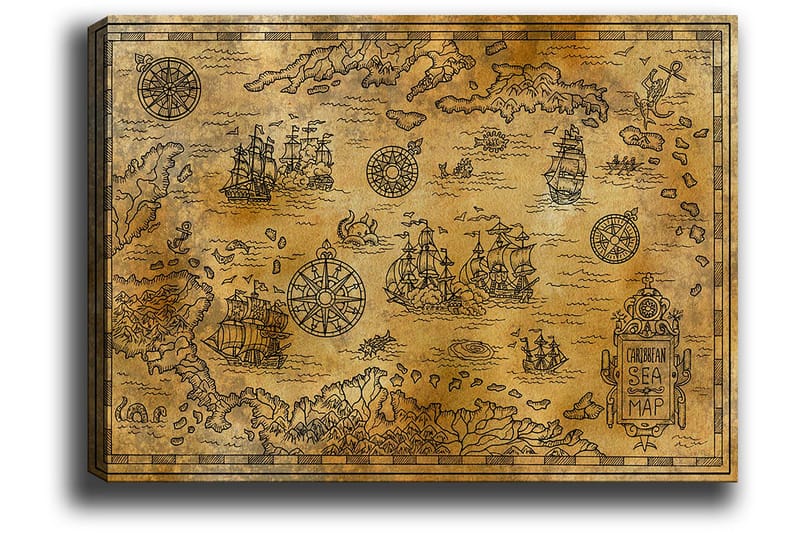 Canvastavla 70x100 cm - Gammal sjökortskarta med detaljerade illustrationer av fartyg och navigationssymboler - Guld / Brun - Inredning - Tavlor & konst - Canvastavlor
