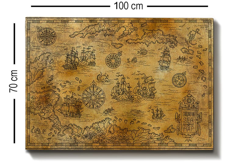 Canvastavla 70x100 cm - Gammal sjökortskarta med detaljerade illustrationer av fartyg och navigationssymboler - Guld / Brun - Inredning - Tavlor & konst - Canvastavlor