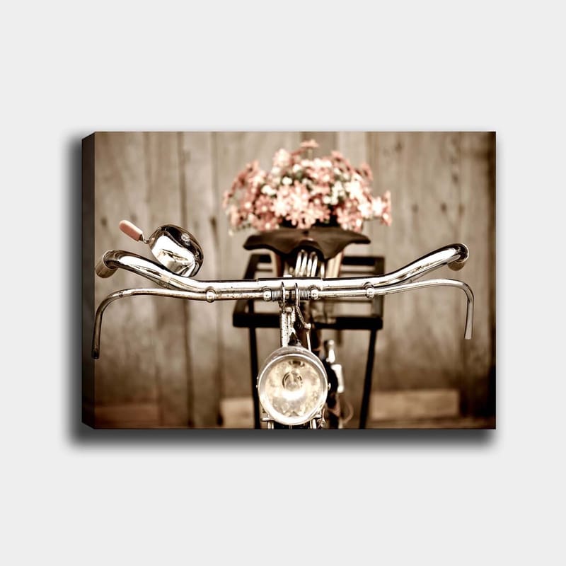 Canvastavla 70x100 cm - Gammaldags cykel med blommor i korgen - Silver / Rosa / Svart - Inredning - Tavlor & konst - Canvastavlor