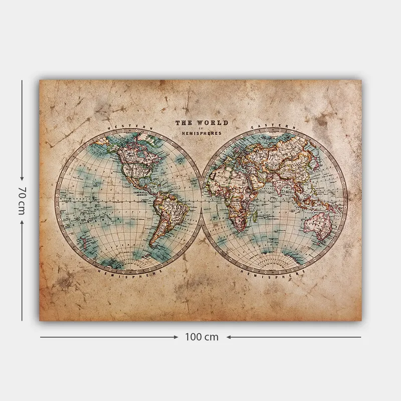 Canvastavla 70x100 cm - Gammaldags världskarta med två hemisfärer som visar kontinenter och hav - Blå / Brun / Beige - Inredning - Tavlor & konst - Canvastavlor