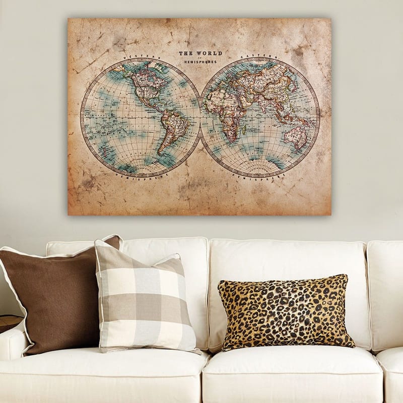 Canvastavla 70x100 cm - Gammaldags världskarta med två hemisfärer som visar kontinenter och hav - Blå / Brun / Beige - Inredning - Tavlor & konst - Canvastavlor