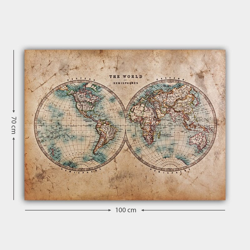 Canvastavla 70x100 cm - Gammaldags världskarta med två hemisfärer som visar kontinenter och hav - Blå / Brun / Beige - Inredning - Tavlor & konst - Canvastavlor