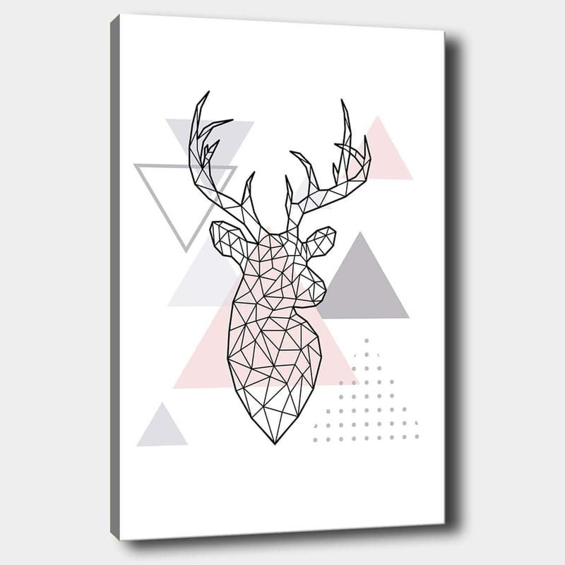 Canvastavla 70x100 cm - Geometrisk hjort i polygonstil omgiven av trianglar, Grå / Rosa / Svart