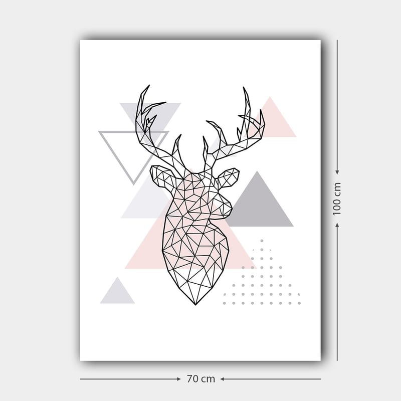 Canvastavla 70x100 cm - Geometrisk hjort i polygonstil omgiven av trianglar - Grå / Rosa / Svart - Inredning - Tavlor & konst - Canvastavlor