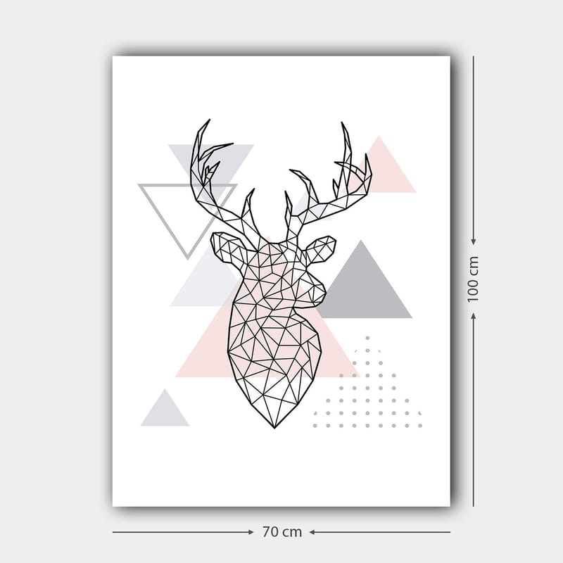 Canvastavla 70x100 cm - Geometrisk hjort i polygonstil omgiven av trianglar - Grå / Rosa / Svart - Inredning - Tavlor & konst - Canvastavlor