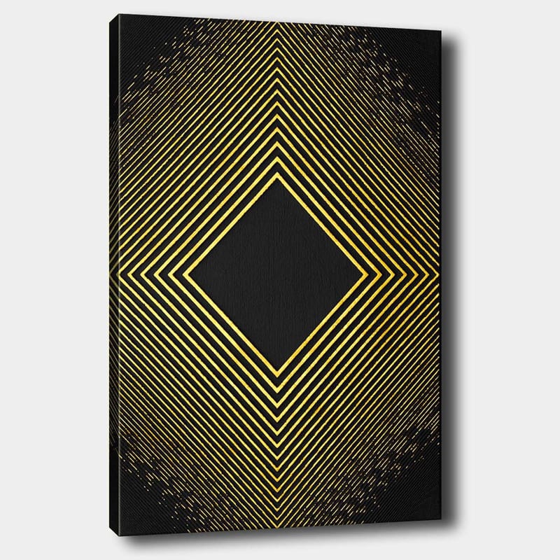 Canvastavla 70x100 cm - Geometrisk komposition med diagonala linjer som formar en diamant i guld mot en svart bakgrund, Guld / Svart