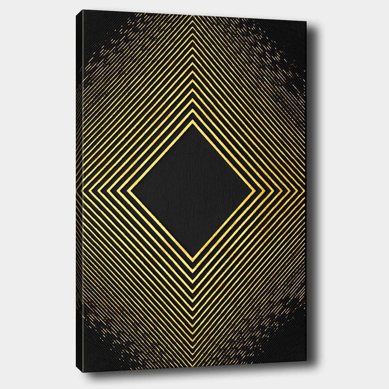 Canvastavla 70x100 cm - Geometrisk komposition med diagonala linjer som formar en diamant i guld mot en svart bakgrund, Guld / Svart