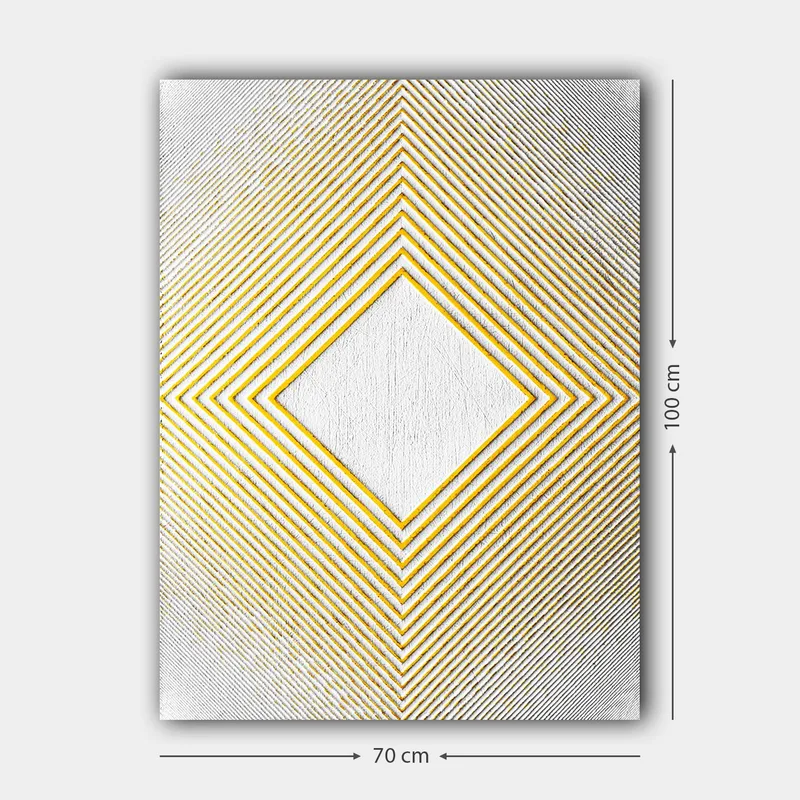 Canvastavla 70x100 cm - Geometrisk komposition med en central rombformad struktur omgiven av linjer i olika riktningar - Gult / Vitt / Grått - Inredning - Tavlor & konst - Canvastavlor