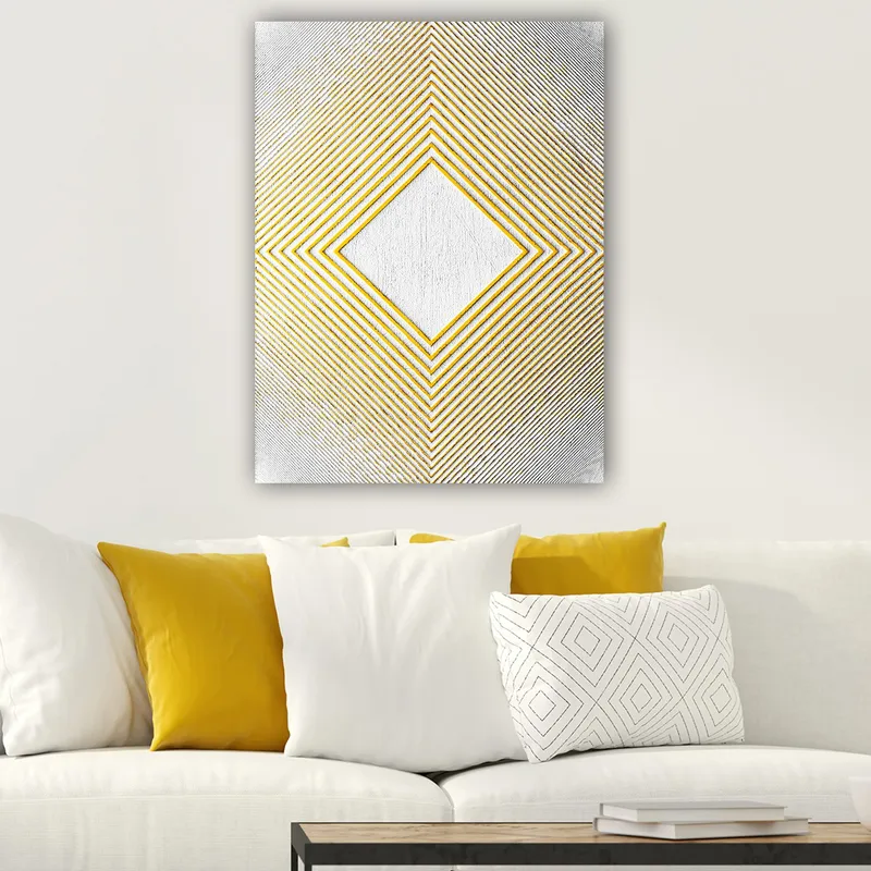 Canvastavla 70x100 cm - Geometrisk komposition med en central rombformad struktur omgiven av linjer i olika riktningar - Gult / Vitt / Grått - Inredning - Tavlor & konst - Canvastavlor