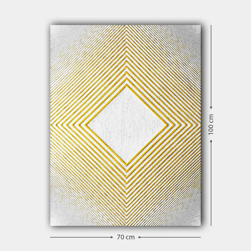 Canvastavla 70x100 cm - Geometrisk komposition med en central rombformad struktur omgiven av linjer i olika riktningar - Gult / Vitt / Grått - Inredning - Tavlor & konst - Canvastavlor