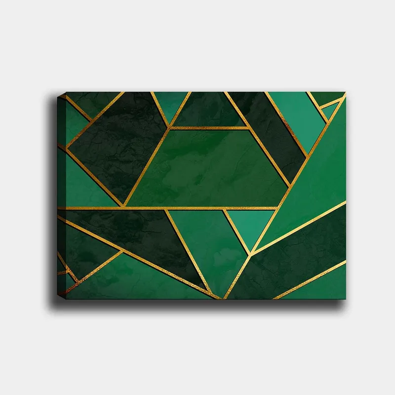 Canvastavla 70x100 cm - Geometriska former i olika nyanser av grönt med guldiga linjer, Mörkgrön / Ljusgrön / Guld