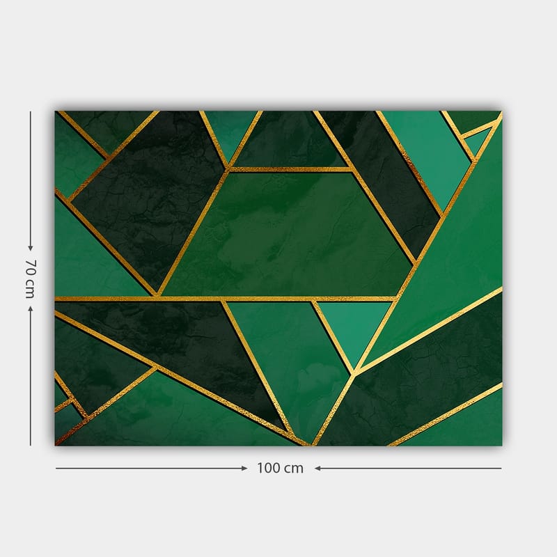 Canvastavla 70x100 cm - Geometriska former i olika nyanser av grönt med guldiga linjer - Mörkgrön / Ljusgrön / Guld - Inredning - Tavlor & konst - Canvastavlor