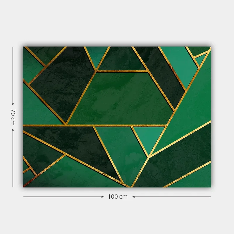 Canvastavla 70x100 cm - Geometriska former i olika nyanser av grönt med guldiga linjer - Mörkgrön / Ljusgrön / Guld - Inredning - Tavlor & konst - Canvastavlor