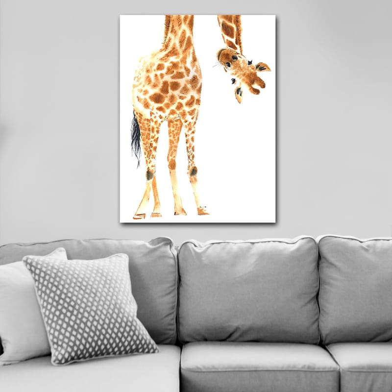 Canvastavla 70x100 cm - Giraff med karakteristiska fläckar som sträcker sig mot betraktaren - Orange / Brun / Svart - Inredning - Tavlor & konst - Canvastavlor