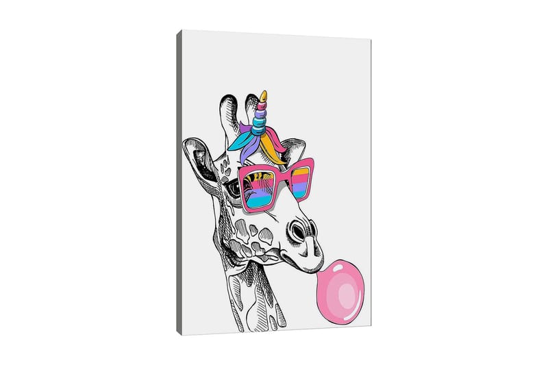 Canvastavla 70x100 cm - Giraff med solglasögon som blåser bubblor, Rosa / Blå / Lila