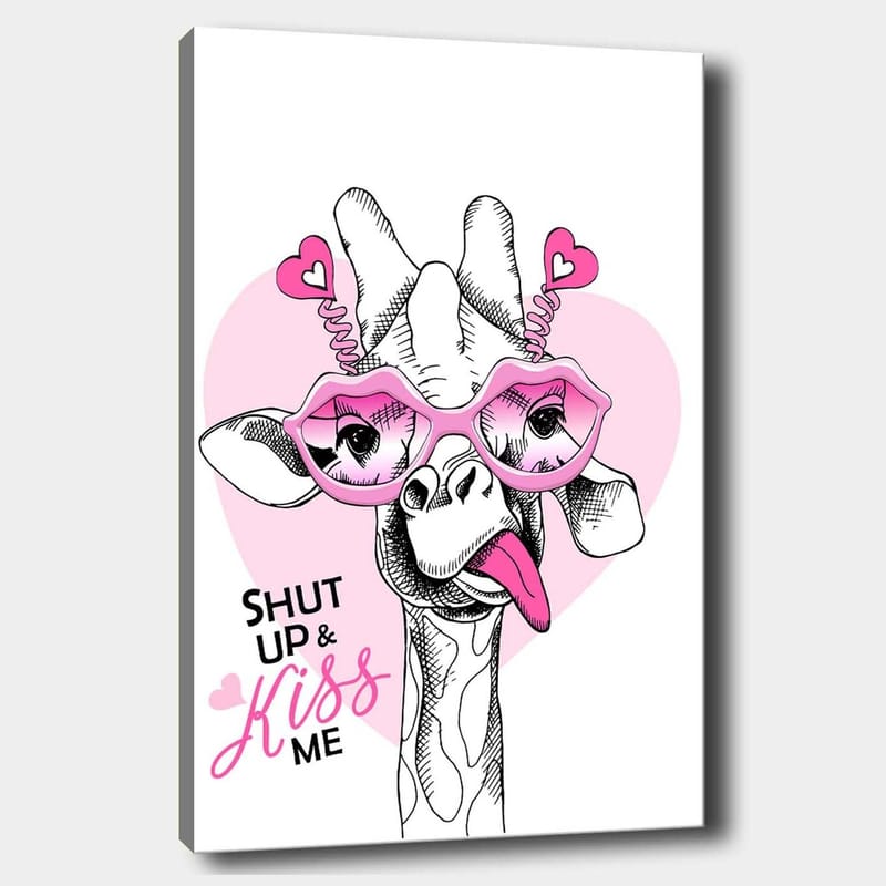 Canvastavla 70x100 cm - Giraff med stora rosa glasögon och en lekfull attityd - Rosa / Svart / Vitt - Inredning - Tavlor & konst - Canvastavlor