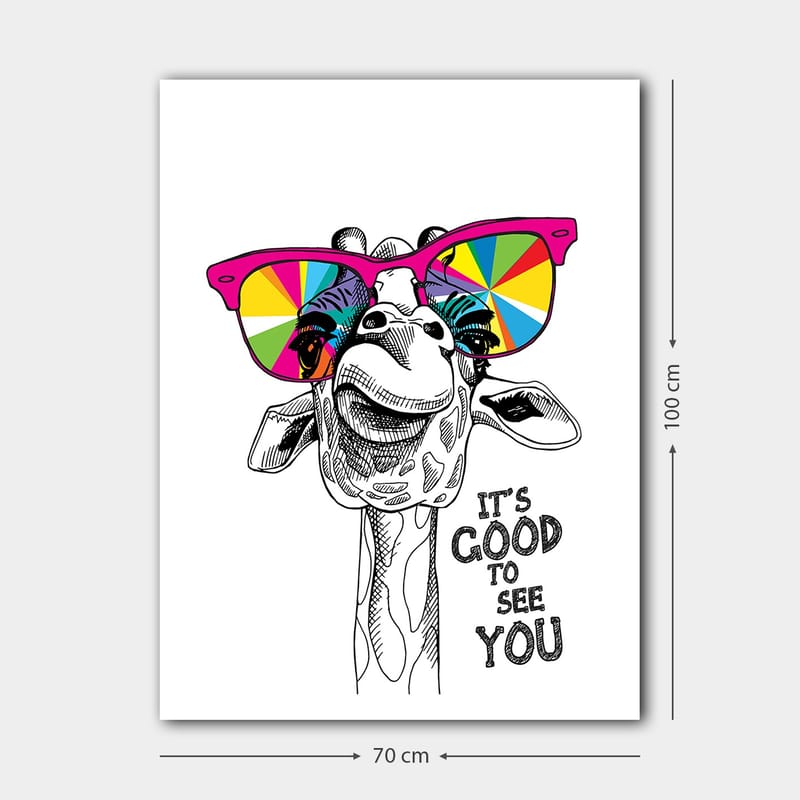 Canvastavla 70x100 cm - Glad giraff med färgglada solglasögon - Rosa / Gul / Grön - Inredning - Tavlor & konst - Canvastavlor