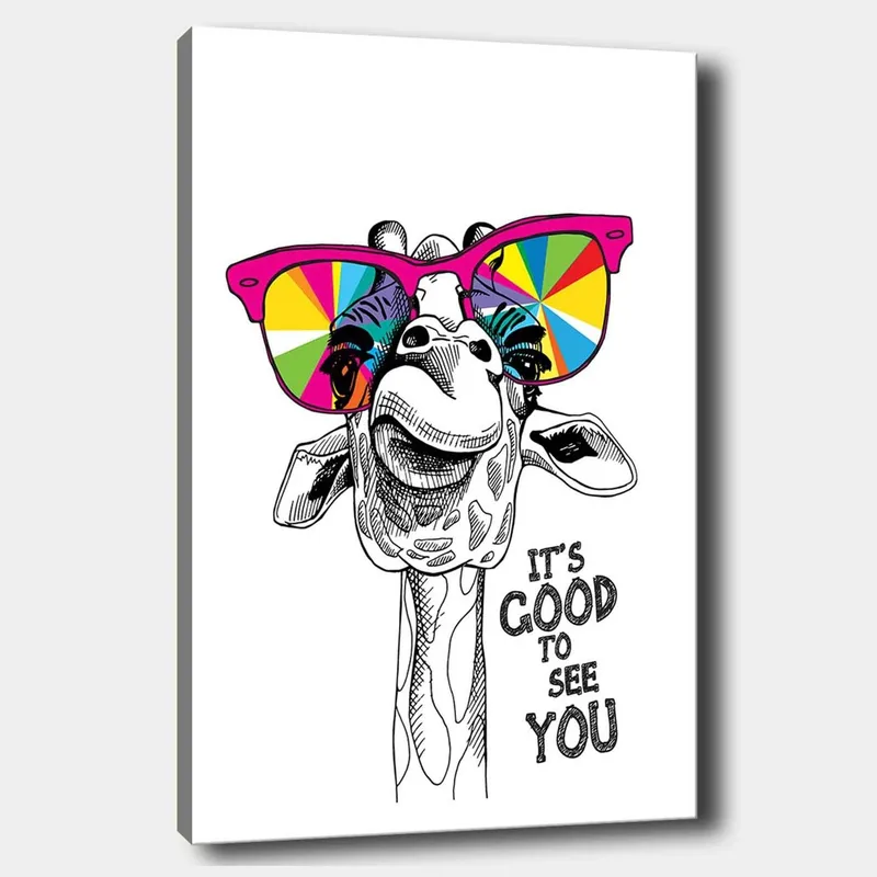 Canvastavla 70x100 cm - Glad giraff med färgglada solglasögon, Rosa / Gul / Grön