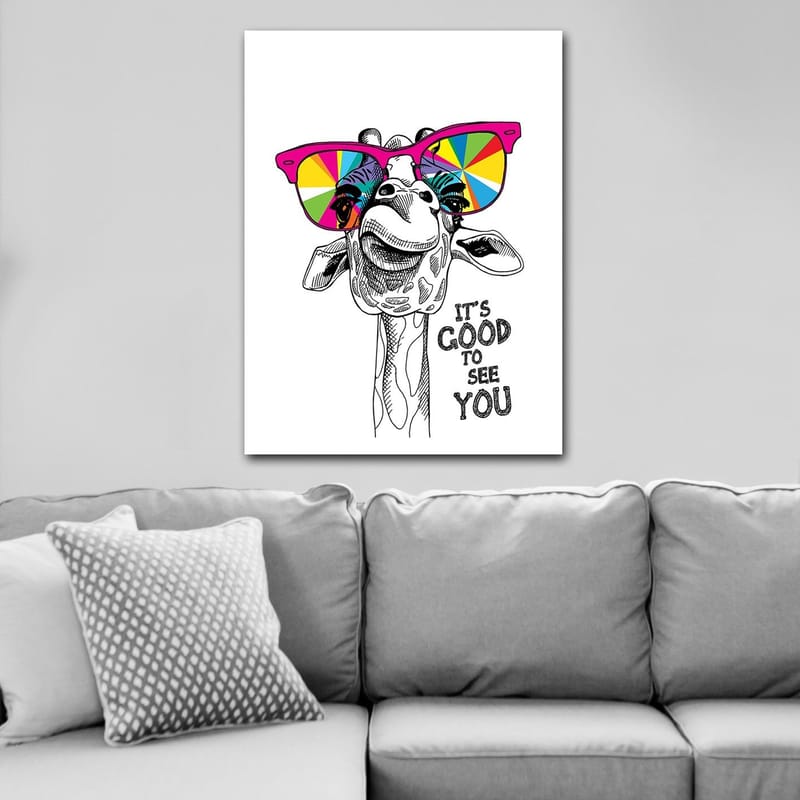 Canvastavla 70x100 cm - Glad giraff med färgglada solglasögon - Rosa / Gul / Grön - Inredning - Tavlor & konst - Canvastavlor