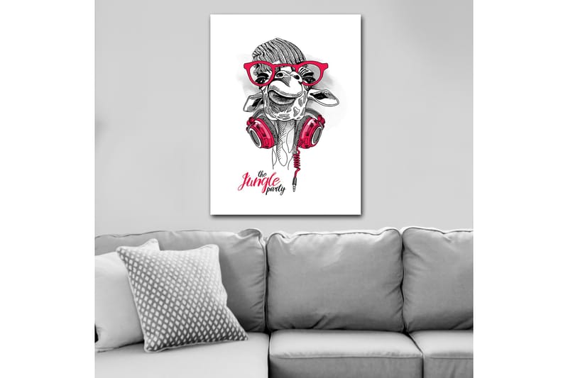 Canvastavla 70x100 cm - Glad giraff med hörlurar och glasögon, som ger en lekfull och modern känsla - Röd / Svart / Vit - Inredning - Tavlor & konst - Canvastavlor