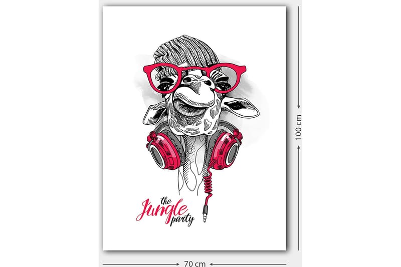 Canvastavla 70x100 cm - Glad giraff med hörlurar och glasögon, som ger en lekfull och modern känsla - Röd / Svart / Vit - Inredning - Tavlor & konst - Canvastavlor