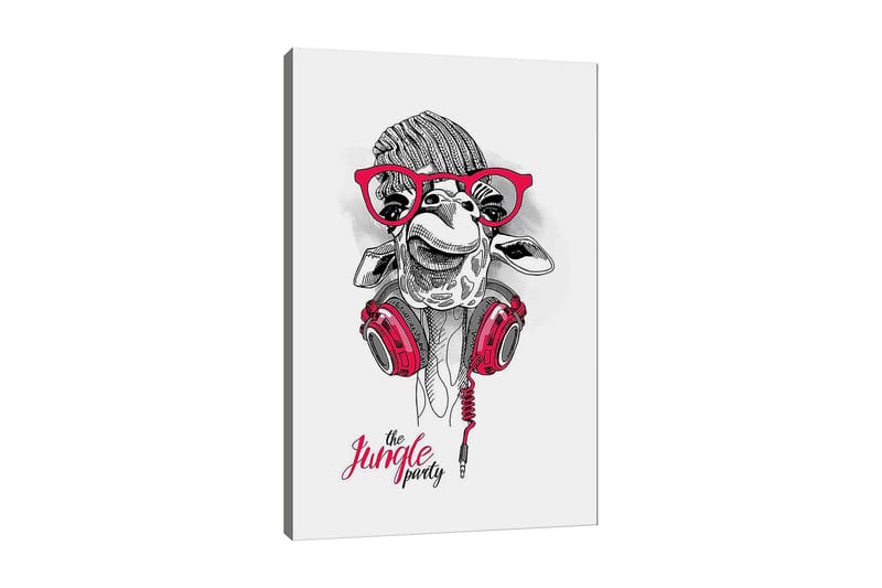 Canvastavla 70x100 cm - Glad giraff med hörlurar och glasögon, som ger en lekfull och modern känsla, Röd / Svart / Vit